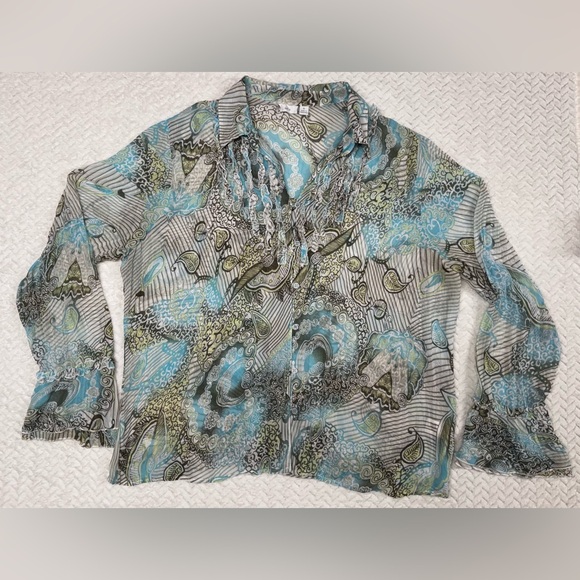 Apt. 9 Tops - Apt. 9 Sheer Long Sleeve Blouse Blue Grey Olive with Ruffle Detail XL